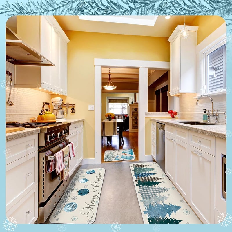 Layhit 3 Pcs Blue Snowman Christmas Kitchen Rugs and Mats Set Let It Snow Winter Kitchen Mats Absorbent Anti Fatigue Snowflakes Mat for Xmas Party Home Decor 20'' x 59'',20'' x 47'',20'' x 32'' - Image 2